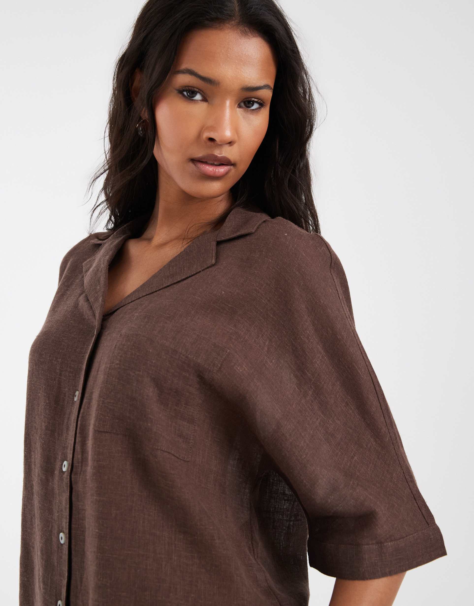only linen blend short sleeve shirt in dark brown - part of a set