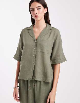 Only Linen Blend Short Sleeve Shirt In Green