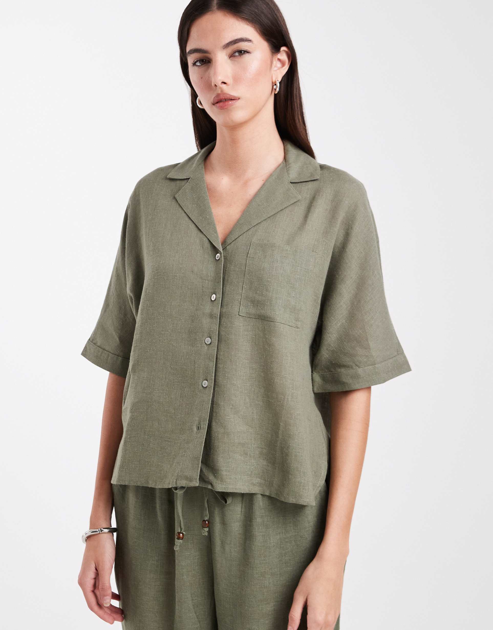 only linen blend short sleeve shirt in light khaki green - part of a set