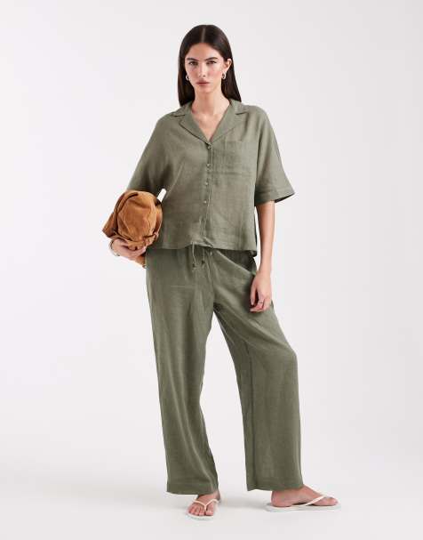 ONLY linen blend short sleeve shirt & linen blend wide leg trouser co-ord in light khaki - view 1