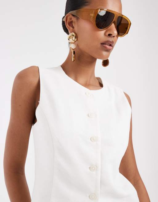 ONLY linen blend tailored waistcoat co-ord in white, 2 of 4