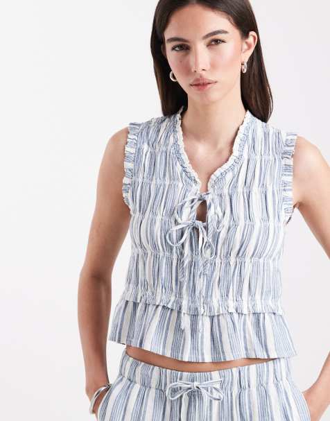 ONLY linen blend tie front ruched top co-ord in light blue stripes - view 1