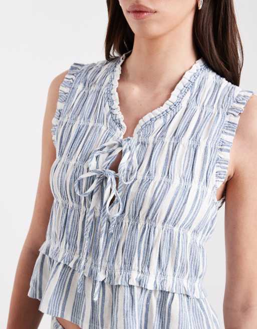 ONLY linen blend tie front ruched top in light blue stripes - part of a set, 2 of 4