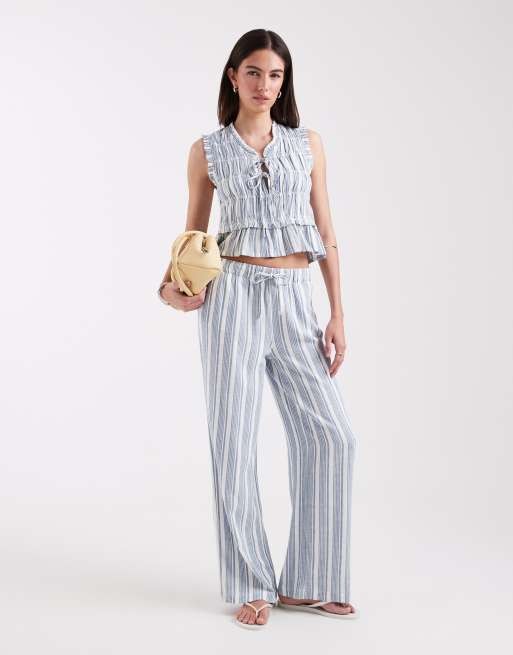 ONLY linen blend tie front ruched top in light blue stripes - part of a set, 4 of 4