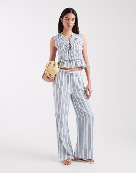 ONLY linen blend tie front ruched top &linen blend pull on pants set in blue stripes - view 1