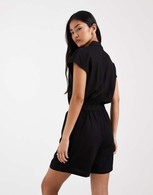ONLY linen blend tie waist playsuit in black, 4 of 4