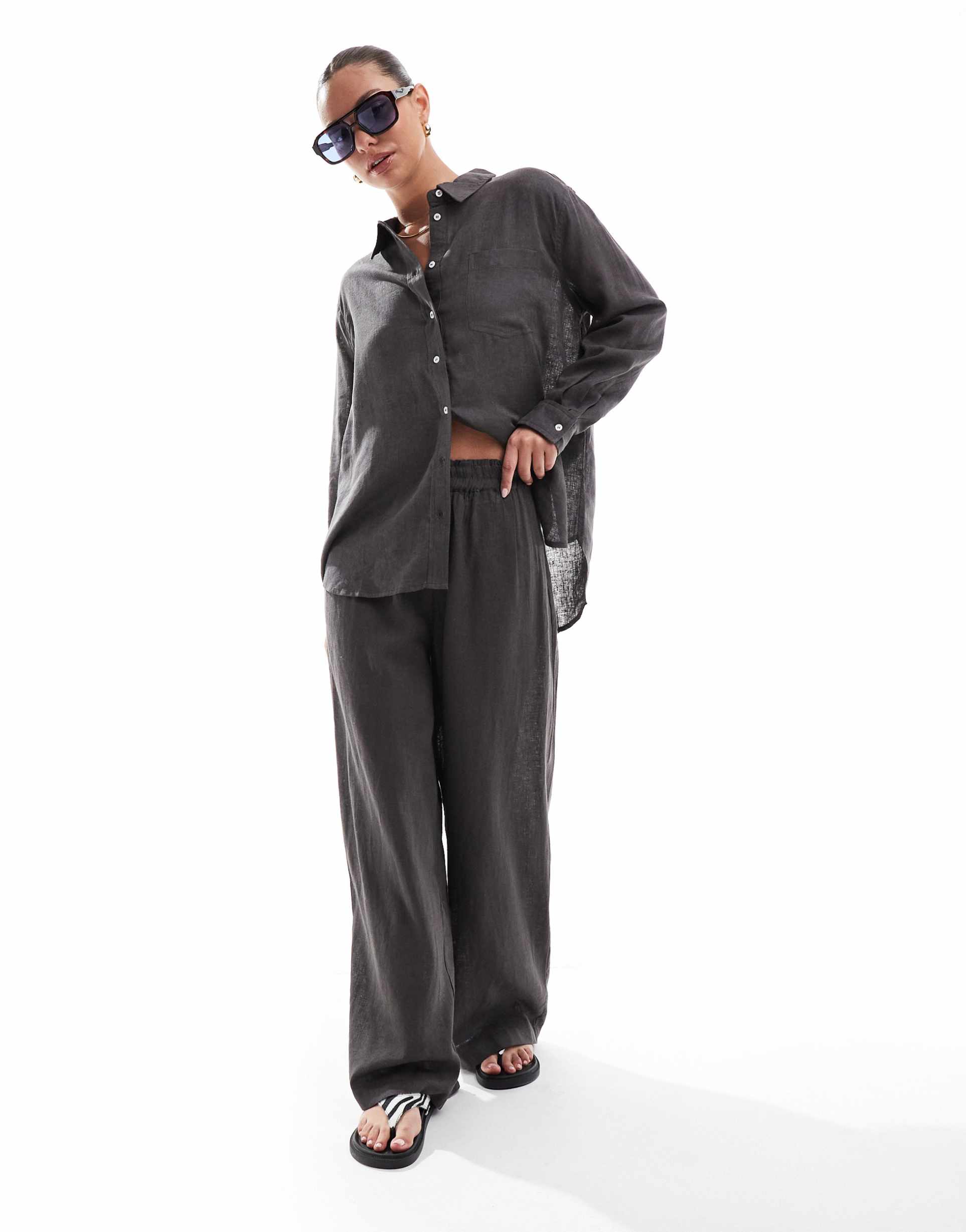 only linen blend wide leg pants in gray - part of a set