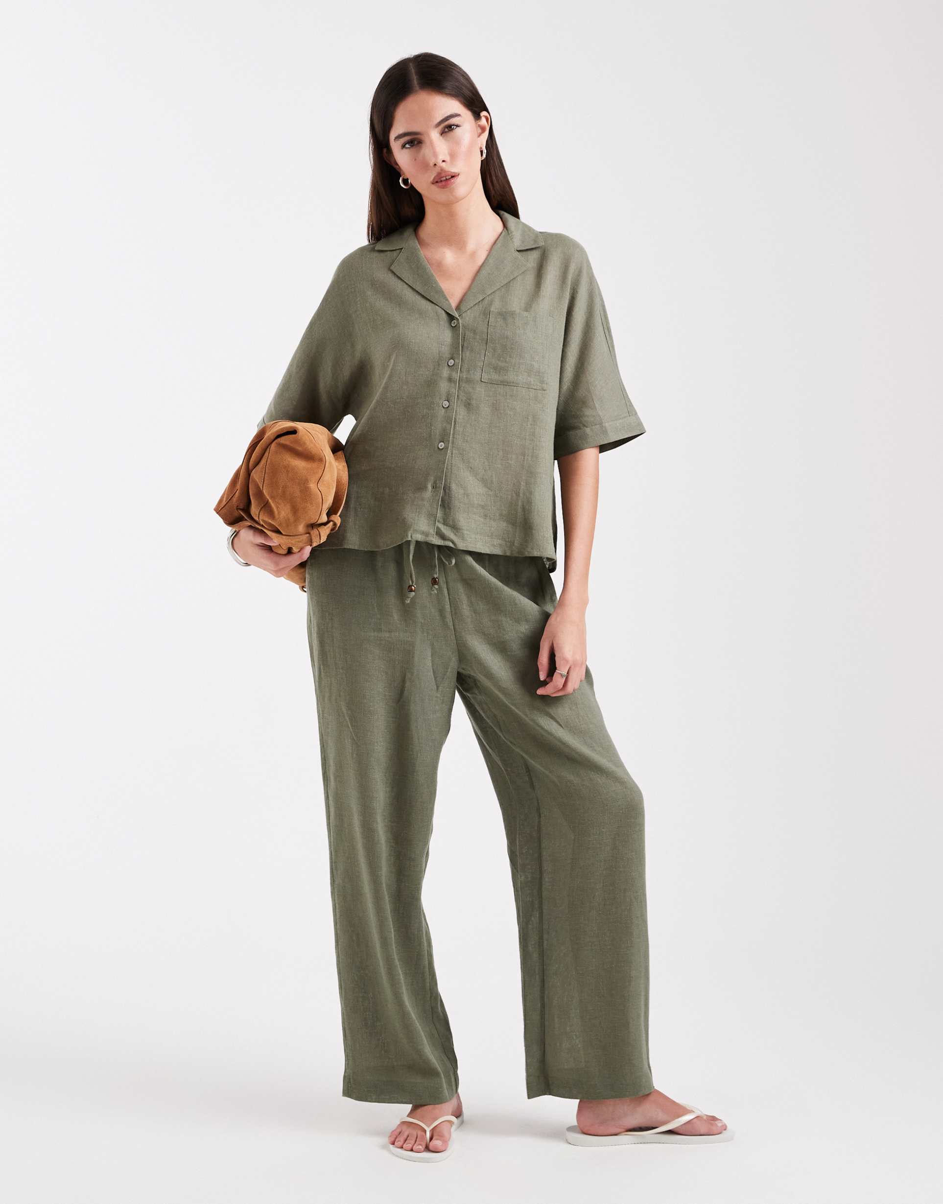 only linen blend wide leg pants in light khaki green - part of a set