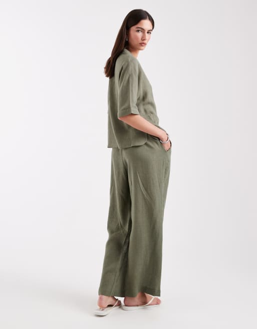 ONLY linen blend wide leg pants in light khaki green - part of a set, 3 of 5