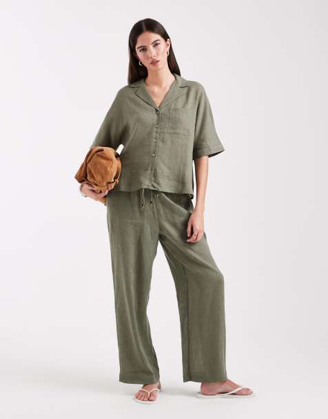 ONLY linen blend wide leg pants in light khaki (part of a set) - view 1
