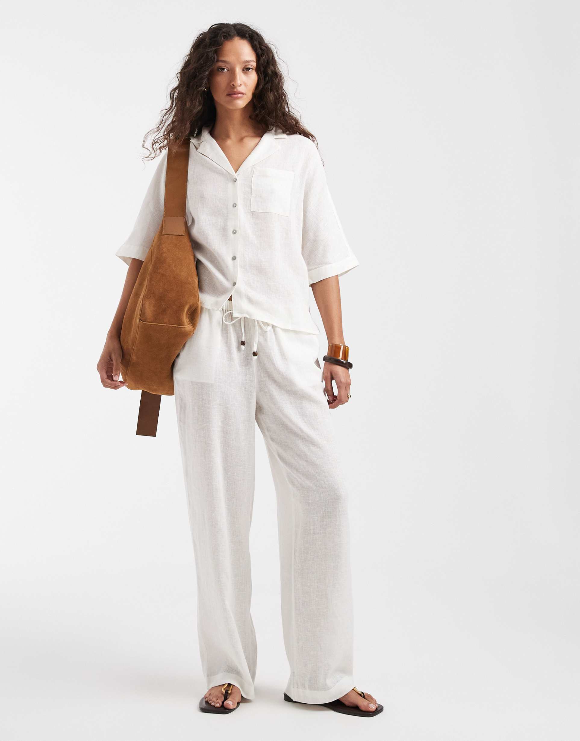 only linen blend wide leg pants in white - part of a set