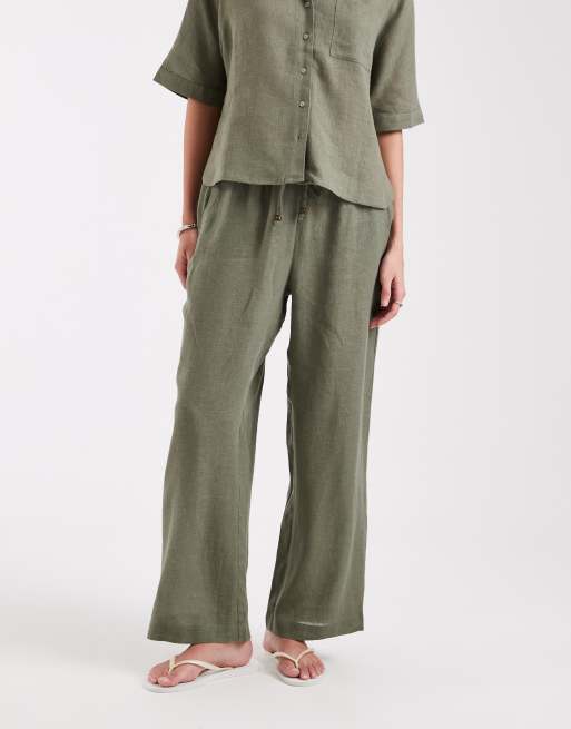 ONLY linen blend wide leg trouser co-ord in light khaki, 5 of 5