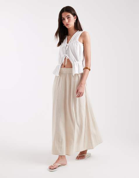 ONLY linen look midaxi skirt in beige