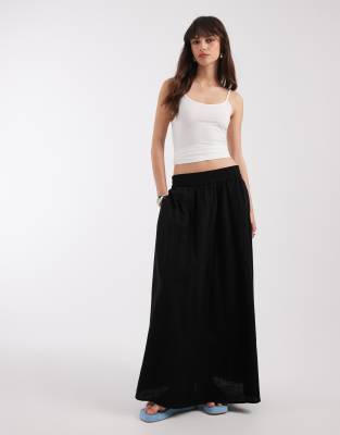 Only Linen Look Midaxi Skirt In Black