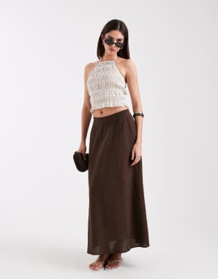 Only Linen Look Midaxi Skirt In Brown