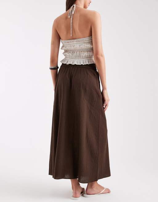 ONLY linen look midaxi skirt in brown, 3 of 5