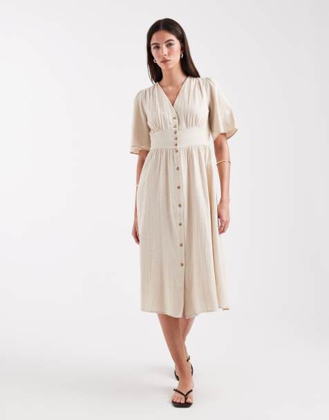 ONLY linen look midi shirt dress in beige - view 1