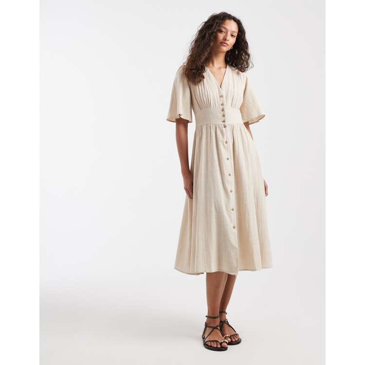 beige linen shirt dress ONLY - Linen Look Midi Shirt Dress - Women - Cotton - 8 US