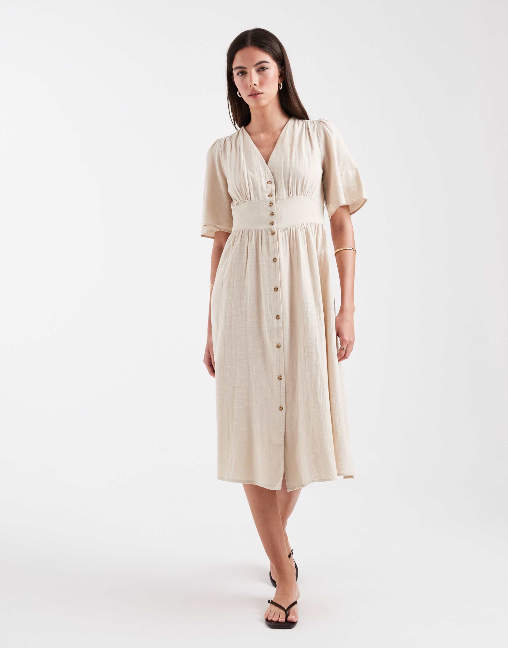 only linen look midi shirt dress in beige