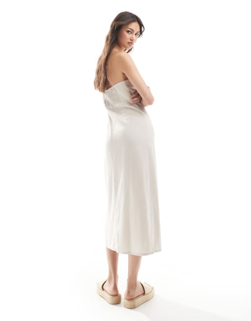 ONLY linen mix bandeau midi dress in stone, 3 of 4