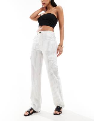 linen mix loose fit cargo pants in white stripe