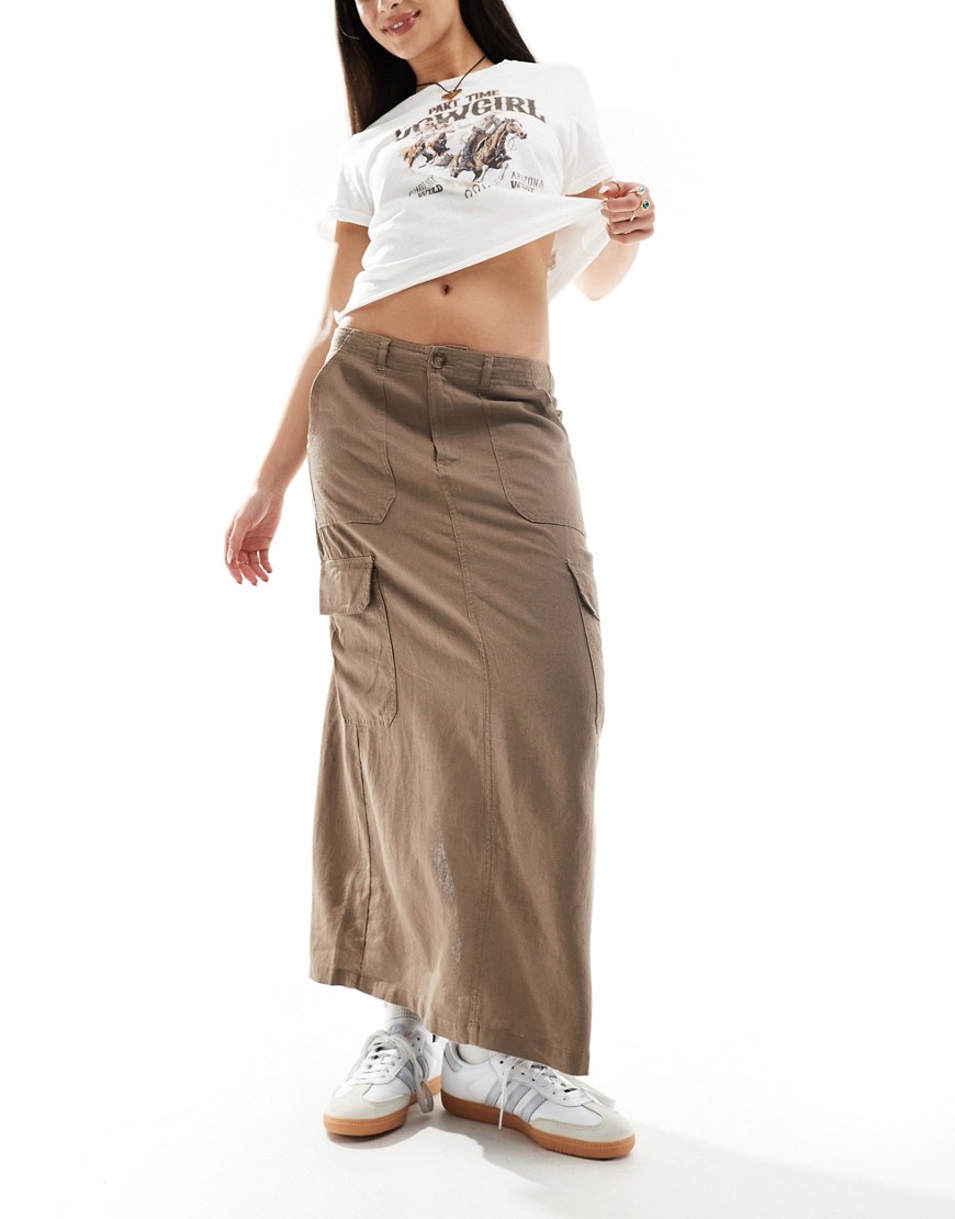 linen mix midi cargo skirt in washed brown