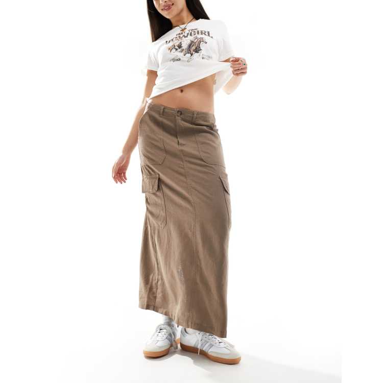 ONLY linen mix midi cargo skirt in washed brown | ASOS
