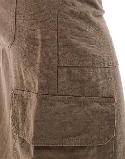 ONLY linen mix midi cargo skirt in washed brown | ASOS