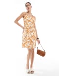[ONLY] ONLY linen mix mini dress in orange sunshine print 10 HARVEST PUMPKIN