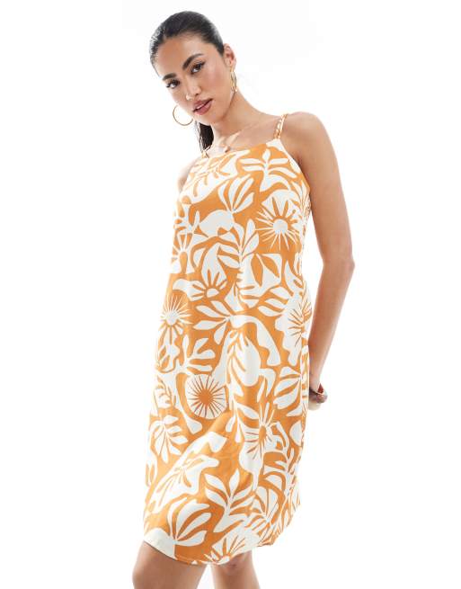 ONLY linen mix mini dress in orange sunshine print, 2 of 4