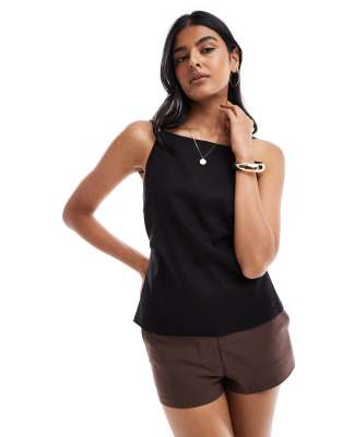 Only Linen Mix Open Back Top In Black