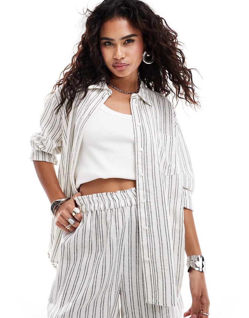 Only Linen Mix Oversized Shirt In White With Gray Stripes - Part Of A Set-multi
