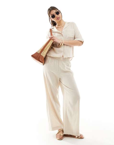 ONLY linen mix oversized shirt & pants set in beige - view 1