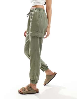 Only Linen Mix Pull On Cargo Pants In Khaki-green