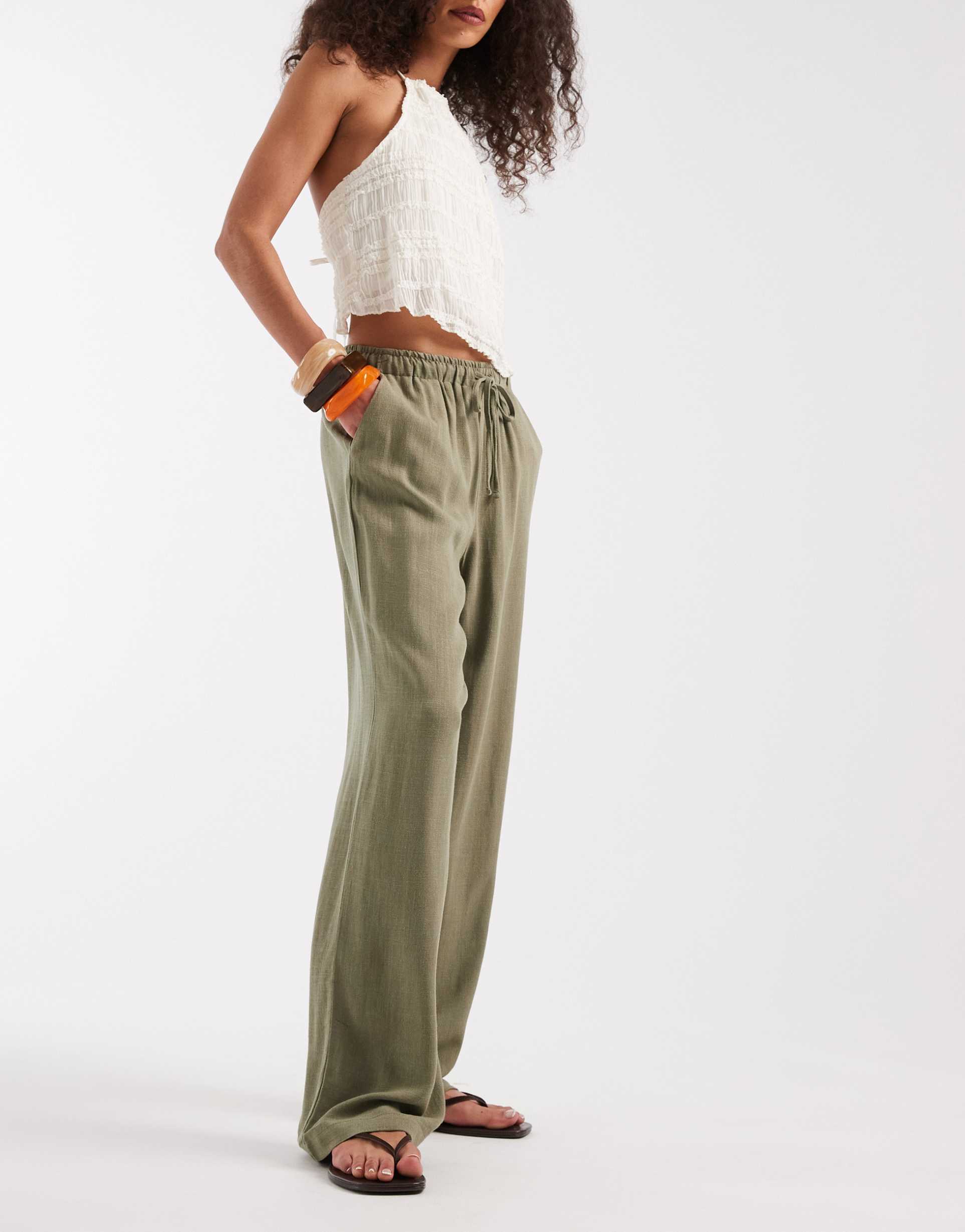 only linen mix pull on wide leg pants in khaki