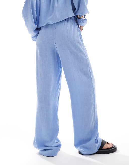 ONLY linen mix pull on wide leg pants with beads detail in light blue - part of a set, 3 of 5