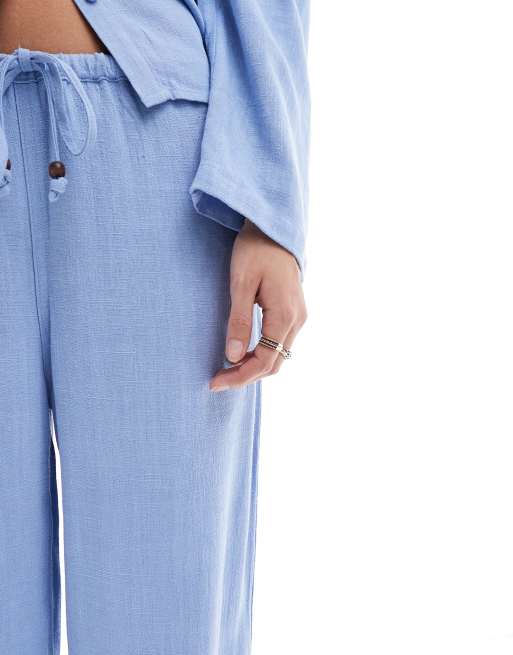ONLY linen mix pull on wide leg pants with beads detail in light blue - part of a set, 4 of 5