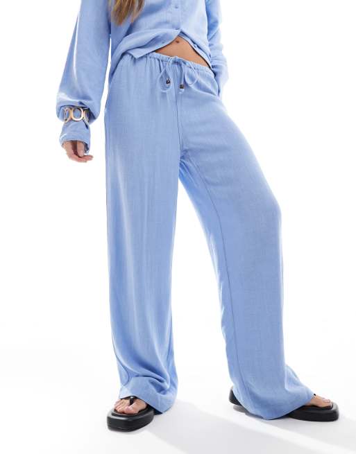 ONLY linen mix pull on wide leg pants with beads detail in light blue - part of a set, 5 of 5