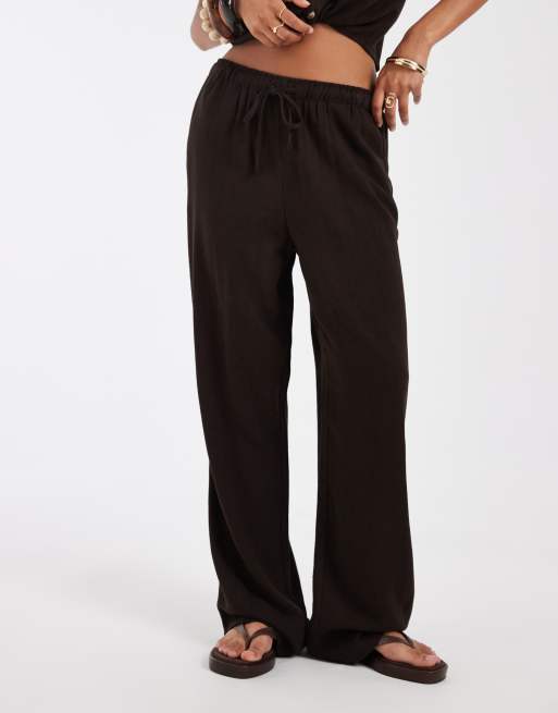 ONLY linen mix pull on wide leg trouser co-ord in chocolate brown, 3 of 5