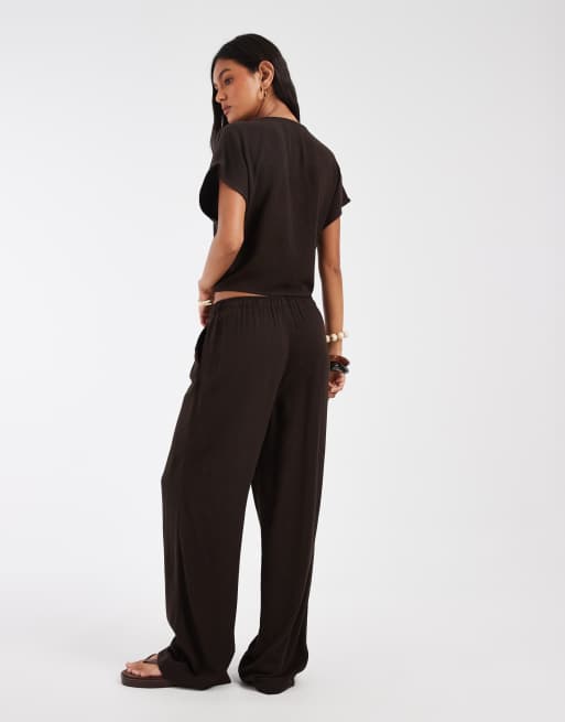 ONLY linen mix pull on wide leg trouser co-ord in chocolate brown, 5 of 5