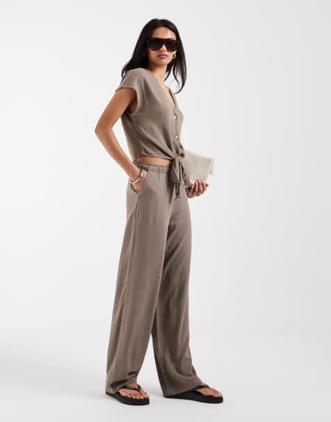 ONLY linen mix pull on wide leg trouser co-ord in light brown - view 1