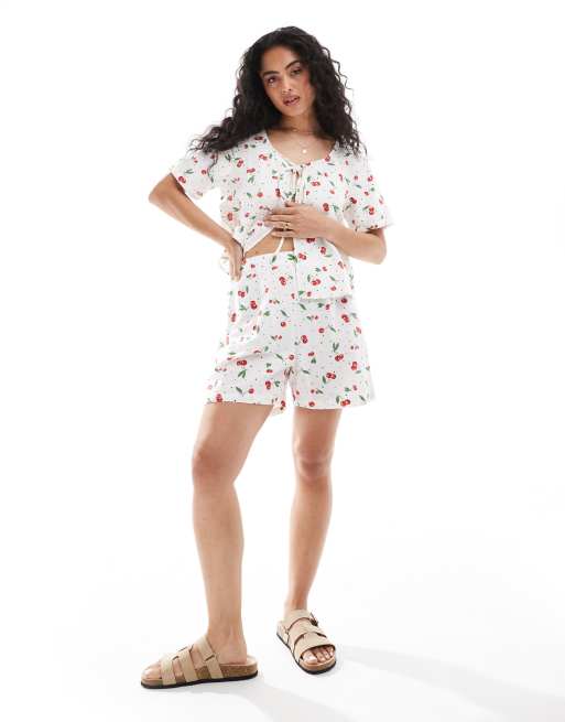 ONLY linen mix short co-ord in cherry print , 3 of 5