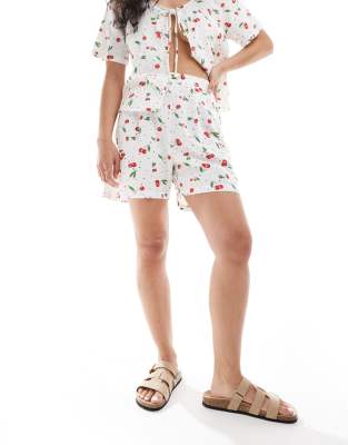 linen mix shorts in cherry print - part of a set-White