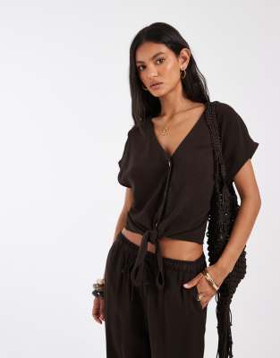 Only Linen Mix Tie Front Sleeveless Top In Brown