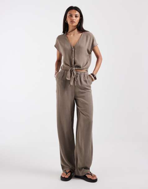 ONLY linen mix tie front sleeveless top & pull on wide leg pants set in brown - view 1