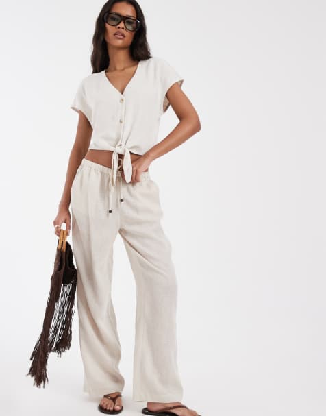 ONLY linen mix tie front sleeveless top & pull-up linen pants set in beige - view 1