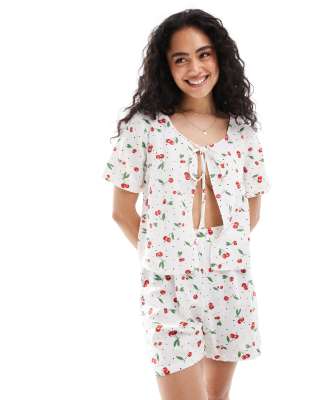 Only Linen Mix Tie Front Top Co-ord In Cherry Print-white