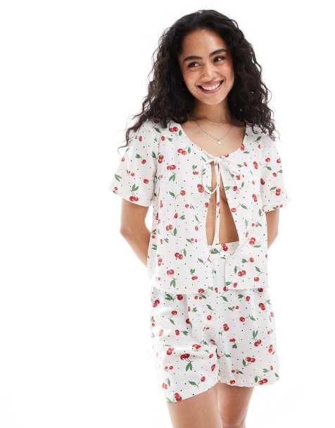 ONLY linen mix tie front top co-ord in cherry print - view 1