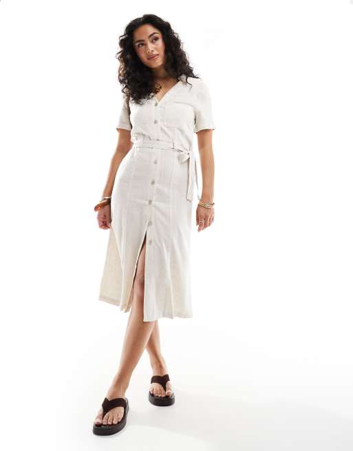 ONLY linen mix tie waist shirt dress in cream, 3 of 4