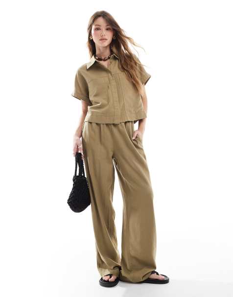 ONLY linen mix utility shirt & trousers co-ord in light khaki - view 1